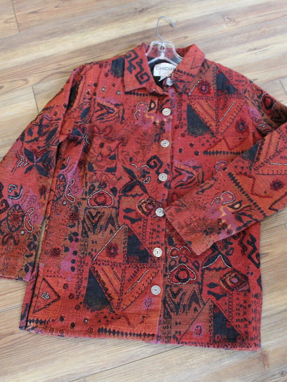 Chico's Vintage Beaded Tapestry Jacket Red Geometric Boho Artsy Blazer Size M